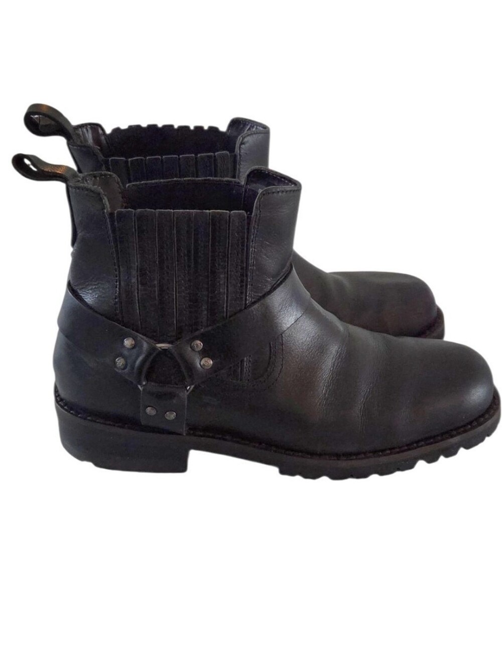 GBX Mens Black Leather Harness Chelsea Ankle Boots Size 10 Lug Sole Moto